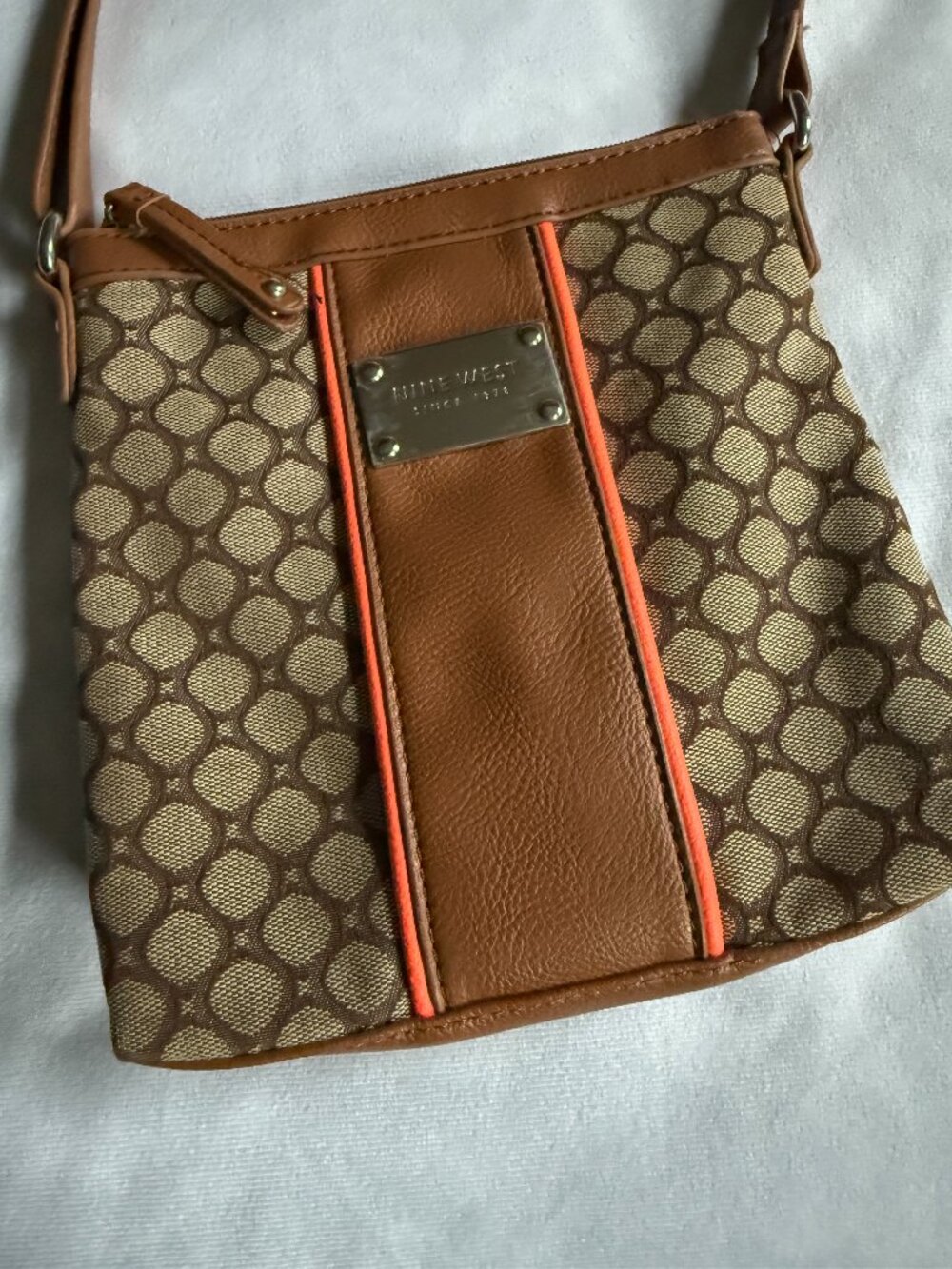 Nine West Monogram Jacquard Crossbody Bag Brown Tan Neon Orange Trim 8x8